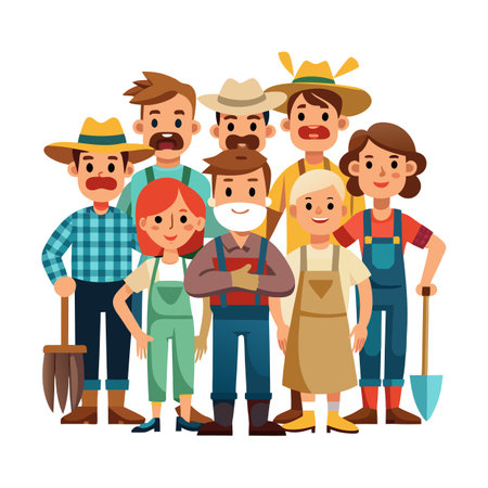 Cartoon illustration of a diverse group of happy farmersのイラスト素材