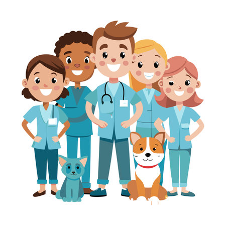 Diverse team of cartoon veterinarians with animals isolated on whiteのイラスト素材
