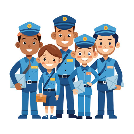 Group of Diverse Cartoon Mail Carriers Smiling Together Proudlyのイラスト素材