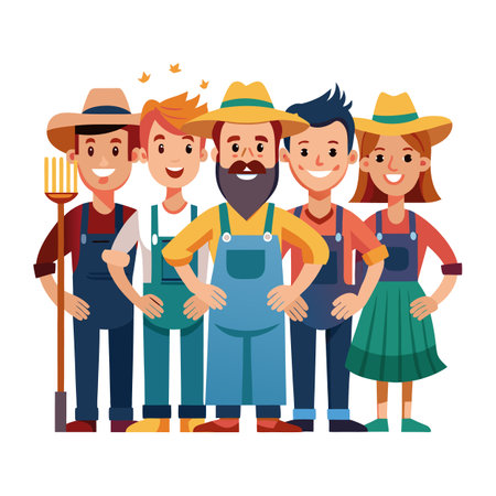 Cartoon-style illustration of a diverse group of friendly farmersのイラスト素材