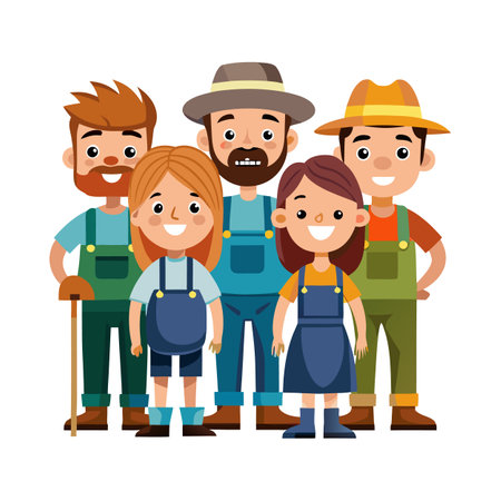 Cartoon illustration of a family of farmers togetherのイラスト素材