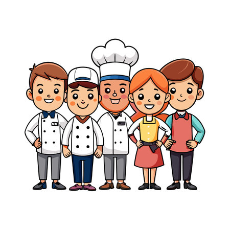 Cartoon team of restaurant staff in uniforms togetherのイラスト素材