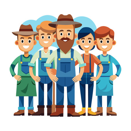 Group of farmers cartoon characters standing together smilingのイラスト素材