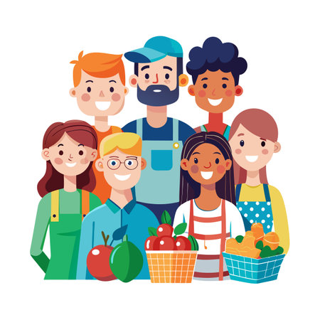 Diverse group of farmers market vendors with fruitsのイラスト素材