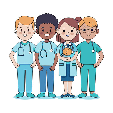 Diverse group of cartoon healthcare workers standing together smilingのイラスト素材