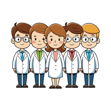 Group of cartoon doctors and nurses standing side by sideのイラスト素材