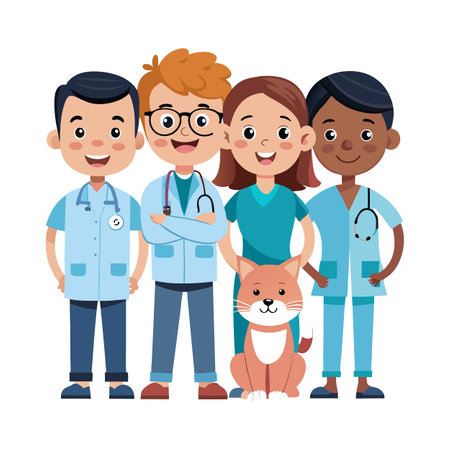 Cartoon veterinarians with ginger cat on white backgroundのイラスト素材