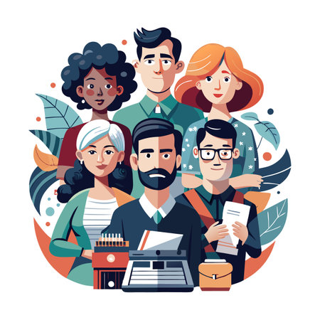 Diverse team with vintage typewriter in a flat vector style