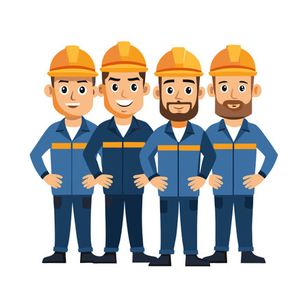 Team of cartoon construction workers posing with confidenceのイラスト素材