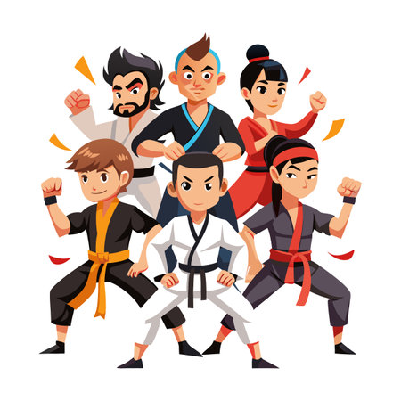 Diverse martial arts team poised for action cartoon illustrationのイラスト素材