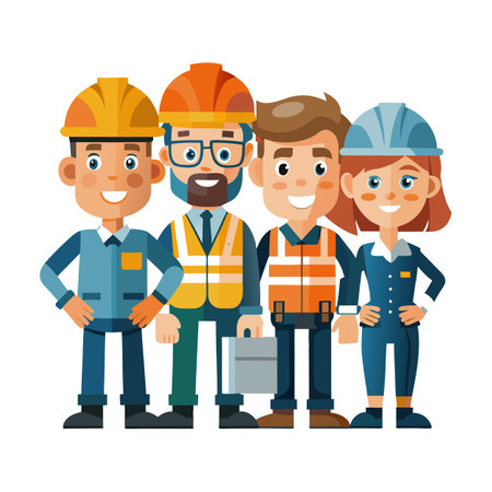 Diverse construction team portrait wearing hard hats and safety vestsのイラスト素材