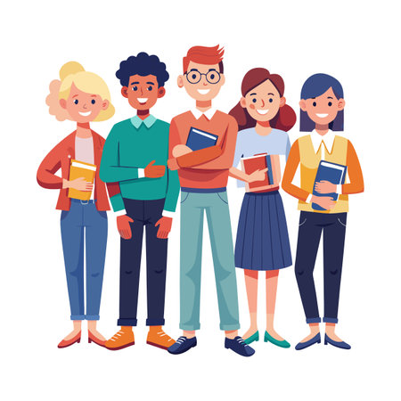 Diverse group of students smiling, posing, holding booksのイラスト素材