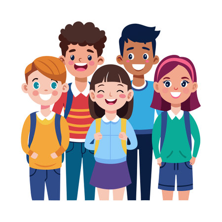 Group of diverse students happily smiling together at schoolのイラスト素材