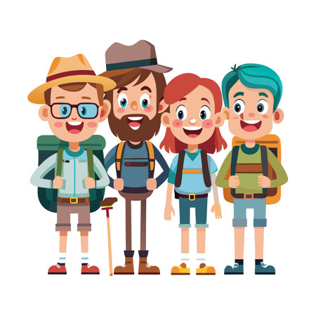 Cartoon hikers group illustration enjoying nature and adventureのイラスト素材