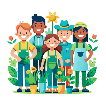 Diverse group of happy gardeners with plants and flowersのイラスト素材