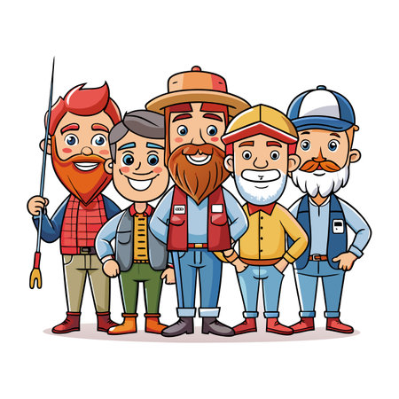 Cartoon illustration of a group of diverse fishermenのイラスト素材