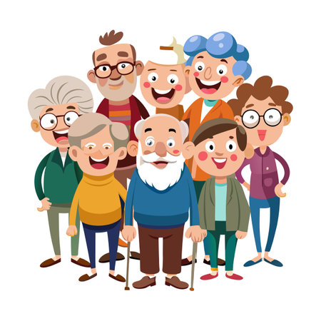 Diverse cartoon group of cheerful senior characters together smilingのイラスト素材