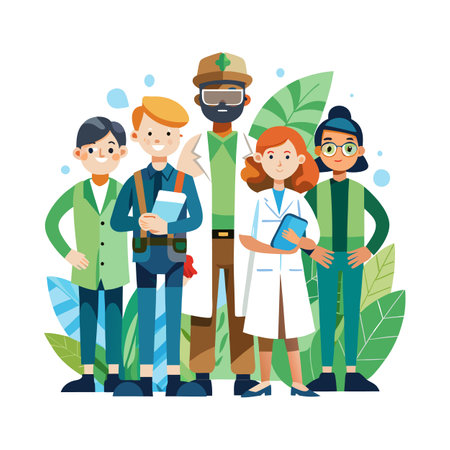 Diverse team of professionals standing together against a foliage backgroundのイラスト素材
