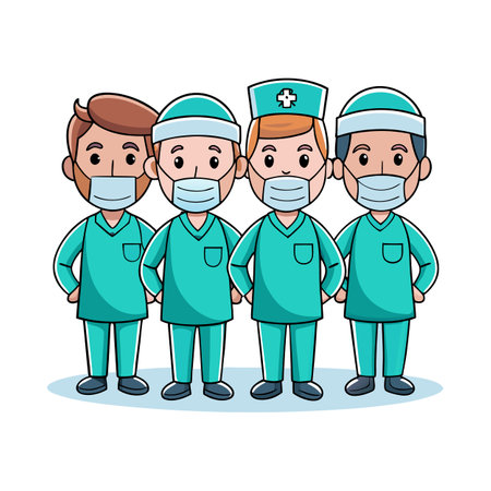 Four cartoon doctors wearing masks standing in a rowのイラスト素材