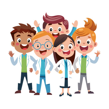 Group of cheerful cartoon kids wearing lab coats smilingのイラスト素材