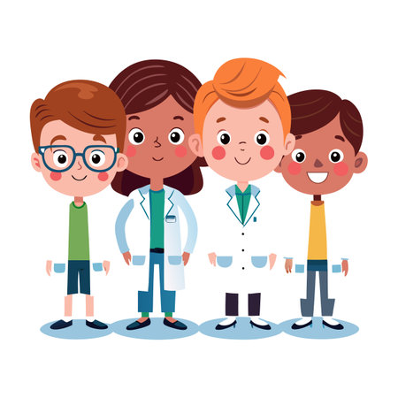 Diverse group of cartoon children dressed as scientists or doctorsのイラスト素材