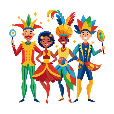 Vibrant vector illustration of people celebrating carnival festivities togetherのイラスト素材