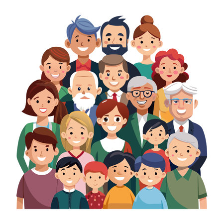 Cartoon family portrait celebrating diversity and multigenerational togethernessのイラスト素材