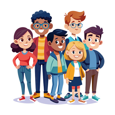 Diverse group of kids standing together smiling cartoon illustrationのイラスト素材
