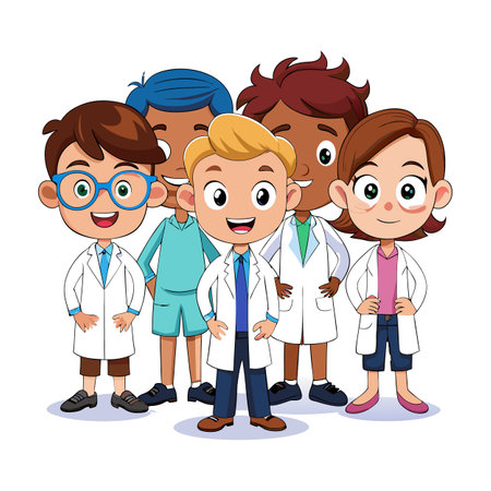 Diverse group of cartoon children dressed as doctorsのイラスト素材