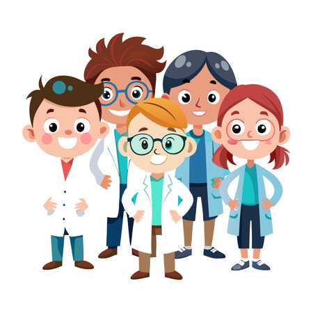 Group of cheerful cartoon kids wearing lab coats togetherのイラスト素材