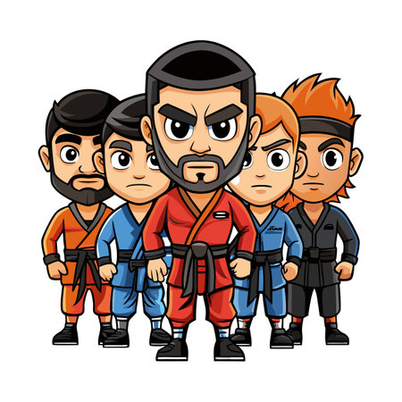 Cartoon ninja team in various color costumes staring aheadのイラスト素材