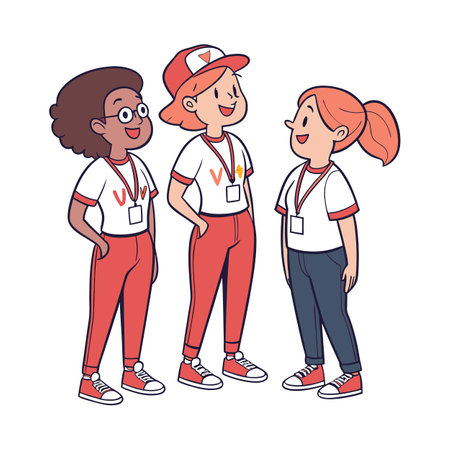 Three young cartoon volunteers standing and talking to each otherのイラスト素材