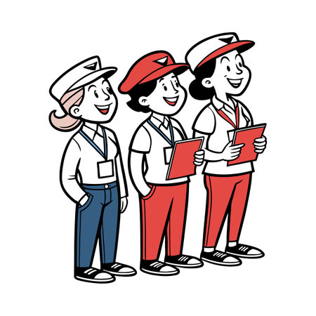 Three team member staff in uniform, front view illustrationのイラスト素材