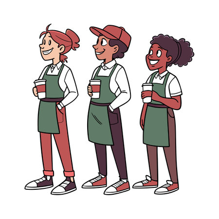 Three diverse coffee shop workers holding cups illustrationのイラスト素材