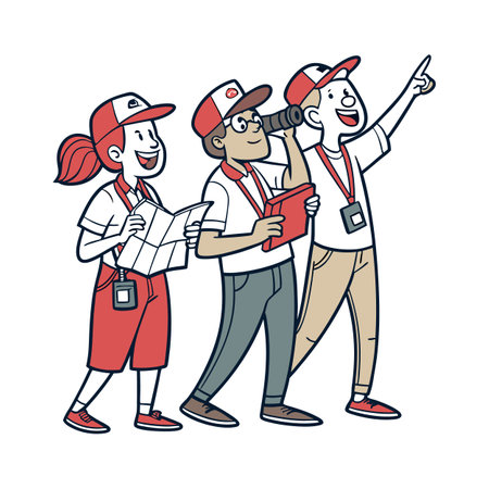 Cartoon guides with map, binoculars, and pointing gestureのイラスト素材