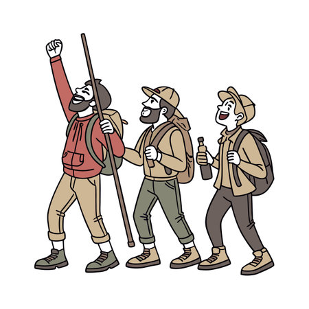 Three hikers enjoying nature with backpacks and accessoriesのイラスト素材