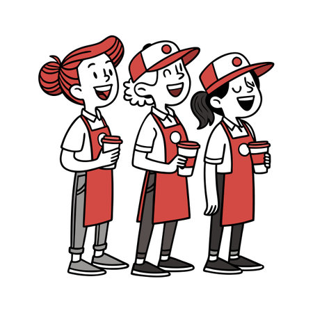 Three smiling women wearing aprons holding coffee cupsのイラスト素材