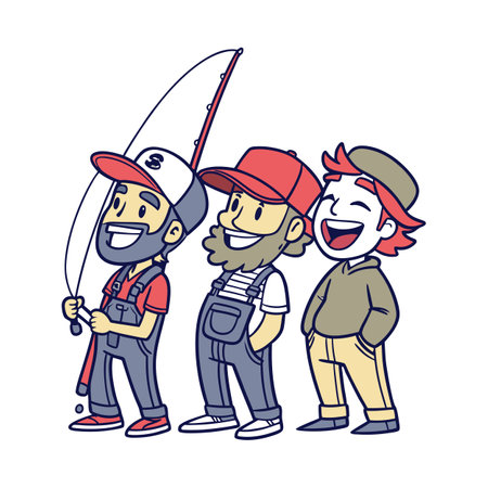 Cartoon fishermen vector illustration standing together in friendly companyのイラスト素材
