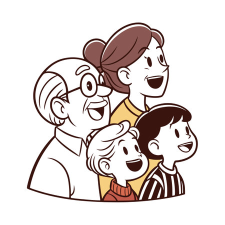 Happy multigenerational family cartoon illustration looking up and smilingのイラスト素材