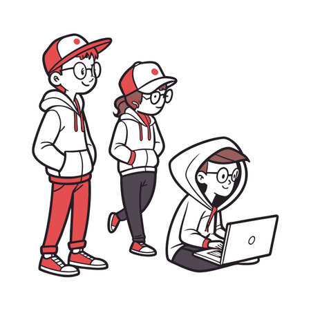 Three cartoon students studying together using laptop, wearing hoodiesのイラスト素材
