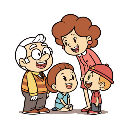 Cartoon family interaction: grandparents, parents, and young childrenのイラスト素材