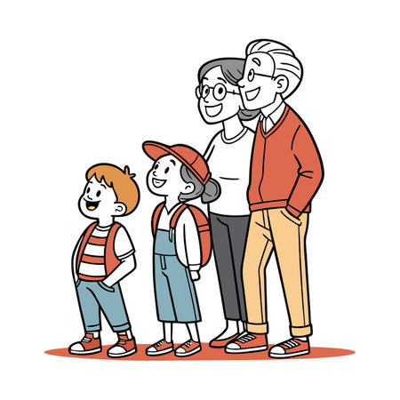 Cartoon style family group looking upwards in flat design