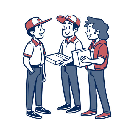 Delivery team meeting cartoon style illustration on white backgroundのイラスト素材