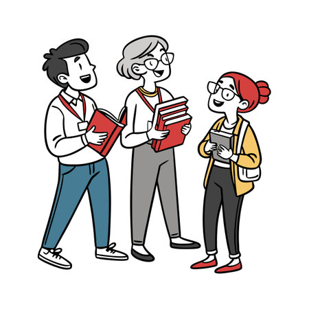 Librarians exchanging and discussing books within a flat vector designのイラスト素材