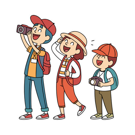 Three cartoon children sightseeing and taking photographs togetherのイラスト素材