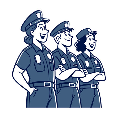 Cartoon police officers standing in row with a positive attitudeのイラスト素材