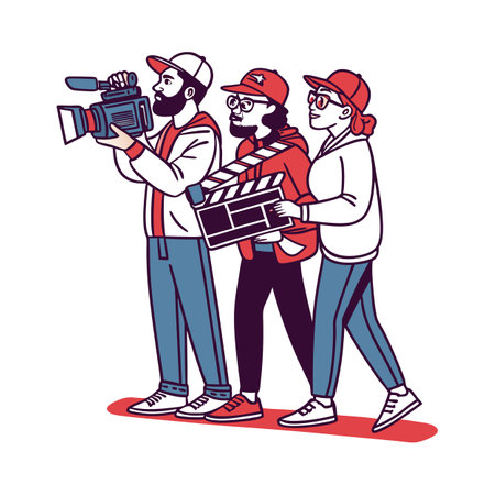 Movie crew teamwork: cameraman, director, and clapperboard holder