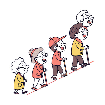 Cartoon elderly people climbing a symbolic aging staircase togetherのイラスト素材