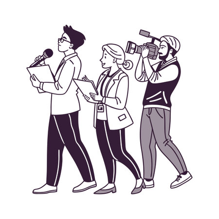 Press team walking together with reporter and videographer team