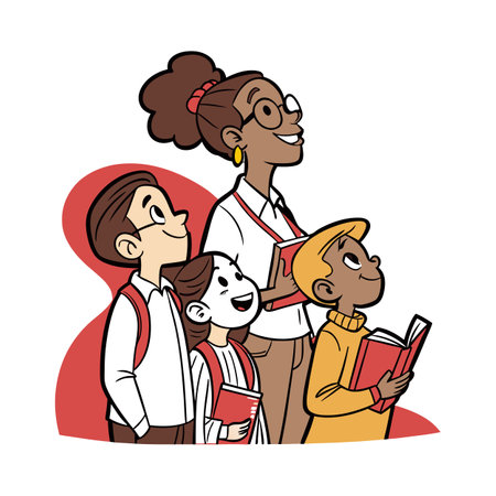 Teacher and students looking up, holding books, cartoon styleのイラスト素材